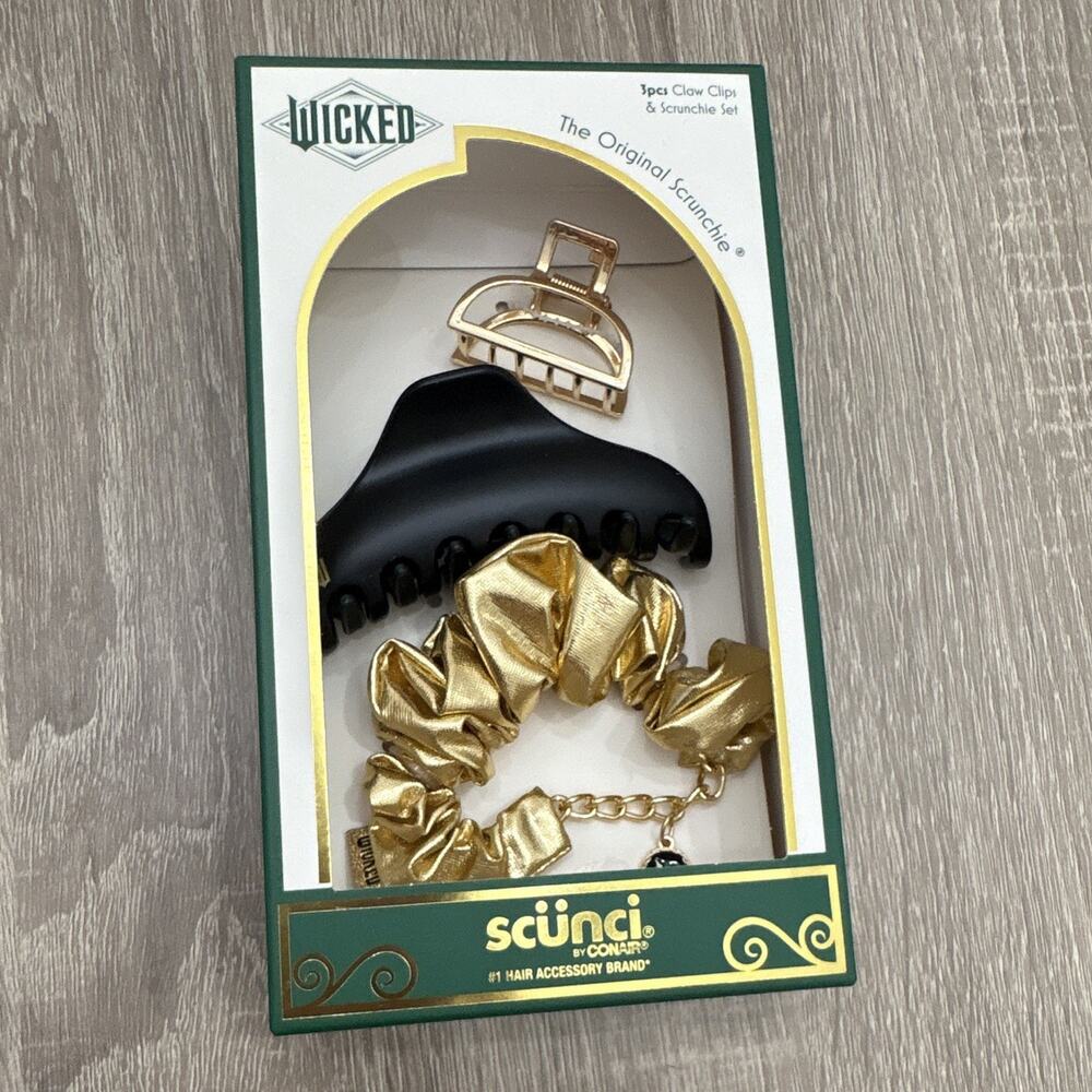 scünci Wicked Hair Claw Clip & Scrunchies Set, 3pc Gold/Black Plastic